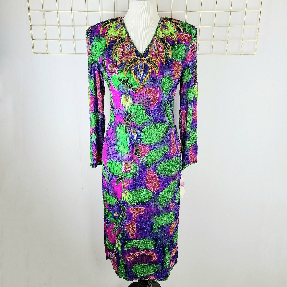 NWT JASDEE Silk Sequin Beaded Floral Leaf Vintage Evening Dress